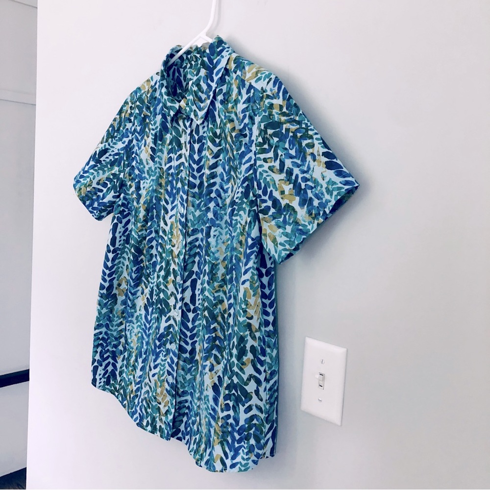 Denim & Co. Printed Button Front Shirt in Blue Leaf Multi, Size M - Picture 8 of 15
